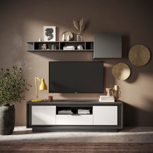 Vista ambientata mobile porta tv in legno con 2 ante, 1 cassetto e 1 vano colore "lava/bianco opaco" modello Avalon Totò Piccinni