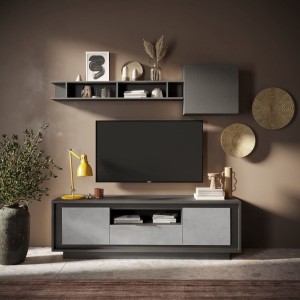 Vista ambientata mobile porta tv in legno con 2 ante, 1 cassetto e 1 vano colore "lava/cemento" modello Avalon Totò Piccinni
