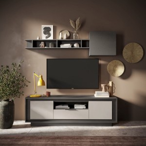 Vista ambientata mobile porta tv in legno con 2 ante, 1 cassetto e 1 vano colore "lava/cashmere" modello Avalon Totò Piccinni