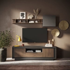 Vista ambientata mobile porta tv in legno con 2 ante, 1 cassetto e 1 vano colore "lava/rovere mercure" modello Avalon Totò Piccinni