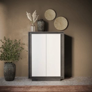 Vista ambientata mobile contenitore in legno colore "lava/bianco opaco" con 2 ante made in italy modello Avalon Totò Piccinni