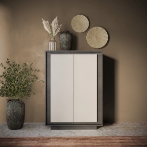 Vista ambientata mobile contenitore in legno colore "lava/cashmere" con 2 ante made in italy modello Avalon Totò Piccinni