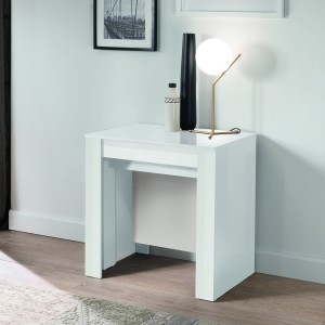 vista ambientata chiuso Tavolo consolle allungabile in legno colore Bianco Lucido made in italy modello Kinto Totò Piccinni
