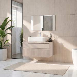 Vista ambientata Mobile bagno sospeso da 80cm con 2 cassetti, lavabo da 50 cm e specchio rettangolare 80x50 colore cashmenre modello Nilo Totò Piccinni