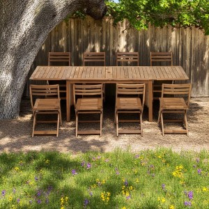 Vista completo ambientata Set tavolo allungabile 140/197/254 con 8 sedie Pieghevoli in legno modello Arleston Totò Piccinni