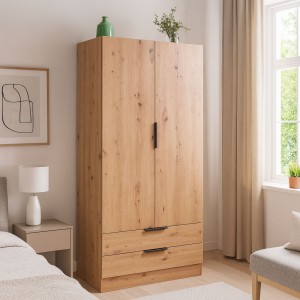 Vista ambientata Armadio da camera da letto in legno colore "Rovere Artisan" 2 ante e 2 cassetti Totò Piccinni