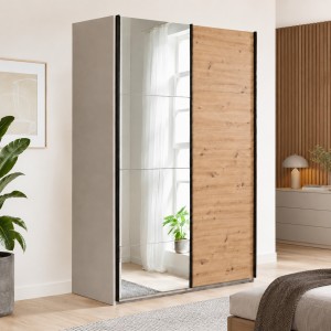 Vista ambientata con ante chiuse Armadio moderno in legno struttura Cashmere con 2 ante rovere artisan e specchio modello Sliding Totò Piccinni