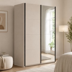 Vista ambientata con ante chiuse Armadio moderno in legno struttura Cashmere con 2 ante cashmere lucido e specchio modello Sliding Totò Piccinni
