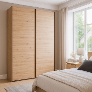 Vista ambientata con ante chiuse Armadio moderno in legno struttura Rovere Artisan con 2 ante scorrevoli Rovere Artisan modello Sliding Totò Piccinni