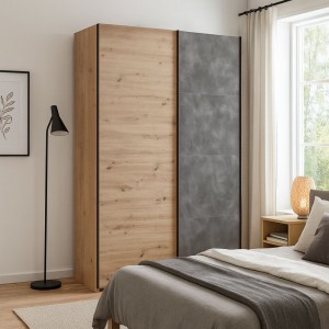 Vista ambientata con ante chiuse Armadio moderno in legno struttura Rovere Artisan con 2 ante scorrevoli, 1 Cemento e 1 Rovere Artisan  modello Sliding Totò Piccinni