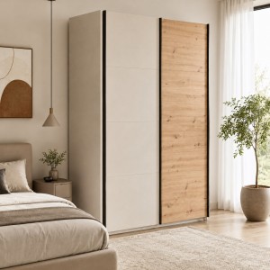 Vista ambientata con ante chiuse Armadio moderno in legno struttura Cashmere con 2 ante cashmere lucido e rovere artisan modello Sliding Totò Piccinni