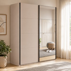 Vista ambientata con ante chiuse Armadio moderno in legno struttura Cashmere con 2 ante scorrevoli cashmere lucido e specchio modello Sliding Totò Piccinni