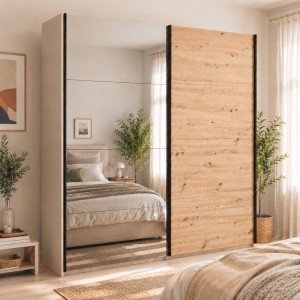 Vista ambientata con ante chiuse Armadio moderno in legno struttura Cashmere con 2 ante scorrevoli rovere artisan e specchio modello Sliding Totò Piccinni