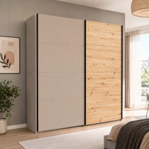 Vista ambientata con ante chiuse Armadio moderno in legno struttura Cashmere con 2 ante scorrevoli cashmere lucido e rovere artisan modello Sliding Totò Piccinni