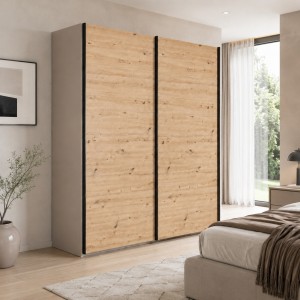 Vista ambientata con ante chiuse Armadio moderno in legno struttura Cashmere con 2 ante scorrevoli rovere artisan modello Sliding Totò Piccinni
