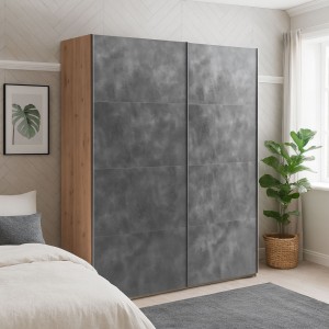 Vista ambientata Armadio in legno struttura Rovere Artisan con due ante scorrevoli, Grigio Cemento modello Sliding Totò Piccinni