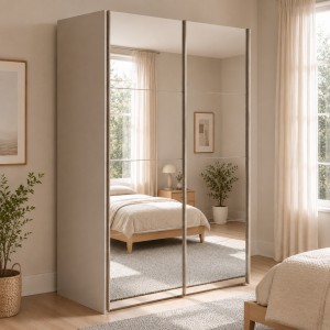 Vista ambientata con ante chiuse Armadio moderno in legno struttura Cashmere con 2 ante scorrevoli a specchio modello Sliding Totò Piccinni