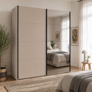 Vista ambientata con ante chiuse Armadio moderno in legno struttura Cashmere con 2 ante scorrevoli cashmere lucido e specchio modello Sliding Totò Piccinni