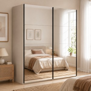 Vista ambientata con ante chiuse Armadio moderno in legno struttura Cashmere con 2 ante scorrevoli a specchio modello Sliding Totò Piccinni