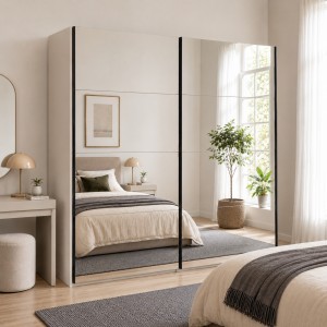 Vista ambientata con ante chiuse Armadio moderno in legno struttura Cashmere con 2 ante scorrevoli a specchio modello Sliding Totò Piccinni