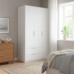 Vista ambientata Armadio da camera da letto in Legno colore Bianco Lucido 3 ante e 2 cassetto Totò Piccinni