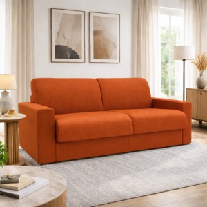 Vista ambientata Divano letto ribaltone colore Arancione imbottito con braccioli materasso 16cm Totò Piccinni