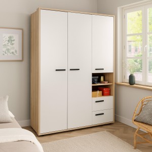 Vista ambientata Armadio in legno colore Rovere Artisan/Cashmere con 3 ante 2 vani e 2 cassetti modello Nadir Totò Piccinni