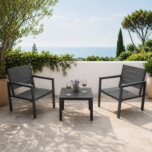 Vista ambientata Set da giardino in metallo colore Ardesia 2 poltrone e tavolino modello Haiti Totò Piccinni