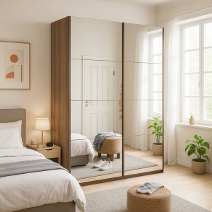 Vista ambientata con ante chiuse Armadio moderno in legno struttura Noce Brera con 2 ante scorrevoli a specchio modello Sliding Totò Piccinni