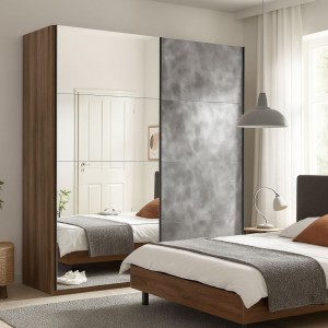 Vista ambientata con ante chiuse Armadio moderno in legno struttura Noce Brera con 2 ante scorrevoli, 1 Cemento e 1 a Specchio modello Sliding Totò Piccinni