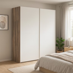 Vista ambientata con ante chiuse Armadio moderno in legno con struttura Noce Brera con 2 ante scorrevoli Bianco Opaco modello Sliding Totò Piccinni