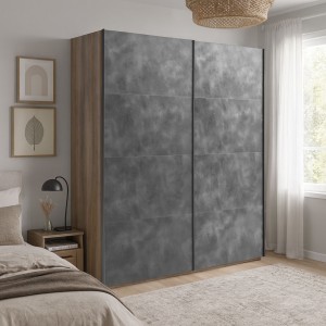 Vista ambientata con ante chiuse Armadio moderno in legno struttura Noce Brera con 2 ante scorrevoli Cemento modello Sliging Totò Piccinni