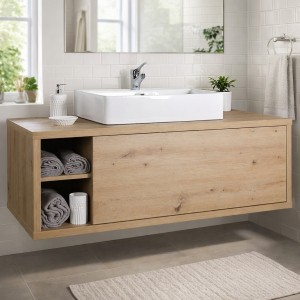 Vista ambientata Base Lavabo con lavandino in legno con 1 cassetto e 2 vani colore "rovere artisan" modello Nexus Totò Piccinni