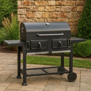 Vista ambientata BBQ Barbecue a carbonella con brace regolabile e ruote modello Beppe Grill Totò Piccinni