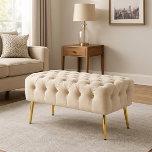 Vista ambientata Panca in Velluto colore Beige con gambe in metallo modello Evora Totò Piccinni