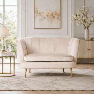 Vista ambientata Divano in Velluto imbottito colore Beige con gambe in metallo modello Kean Totò Piccinni