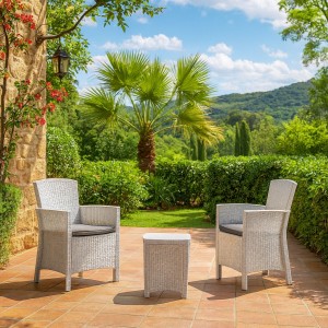 Vista ambientata Set bistrot da giardino da esterno colore Bianco 2 poltrone e tavolino modello Lido Terrace Totò Piccinni