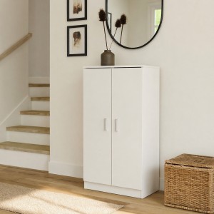 Vista ambientata Scarpiera a mobiletto 2 ante e 6 ripiani porta scarpe in legno colore Bianco Caldo Totò Piccinni