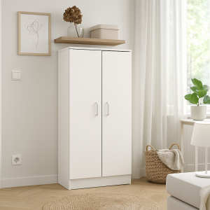 Vista ambientata Scarpiera a mobiletto 2 ante e 6 ripiani porta scarpe in legno colore Bianco Caldo Totò Piccinni