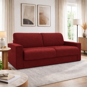 Vista ambientata Divano letto ribaltone colore Bordeaux imbottito con braccioli materasso 16cm Totò Piccinni
