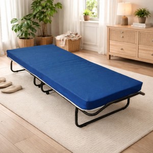 Vista ambientata Brandina pieghevole aperta con materasso singolo 10 cm in schiuma water foam Totò Piccinni 