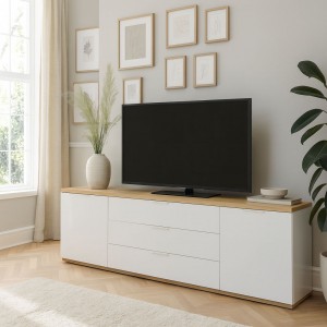 Vista ambientata Mobile porta tv in legno colore "Bianco Laccato/Rovere Miele" con 2 ante e 3 cassetti modello Orbis Totò Piccinni