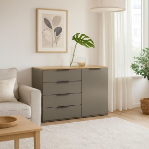 Vista ambientata Madia design in legno colore "Grigio Laccato/Rovere Miele" con 1 anta e 4 cassetti modello Zenit Totò Piccinni