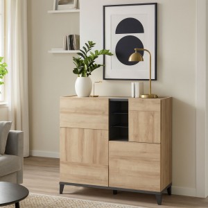 Vista ambientata Mobile contenitore moderno in legno "Rovere/Grigio Antracite" 3 ante e 2 ripiani modello Nova Totò Piccinni