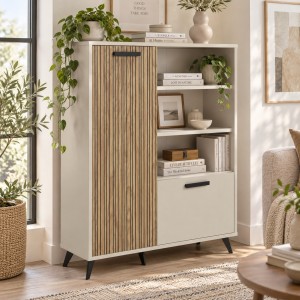 Vista ambientata Libreria in legno colore "Cannettato/Cashmere" con 2 ante e 3 vani modello Zefiro Totò Piccinni