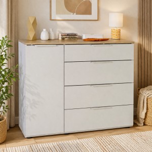 Vista ambientata Mobile Multiuso con 1 anta e 4 cassetti colore "cashmere laccato/rovere baysen" modello Aliseo Totò Piccinni