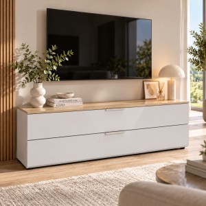 Vista ambientata Mobile Porta tv con 2 ribalte colore "cashmere laccato/rovere baysen" modello Stain Totò Piccinni