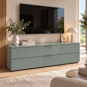 Vista ambientata Mobile Porta tv con 2 ribalte colore "verde salvia laccato" modello Stain Totò Piccinni