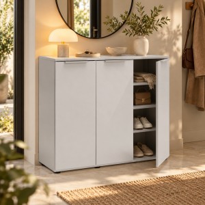 Vista ambientata Mobile Base Multiuso in legno 3 ante colore "cashmere laccato" modello Stain Totò Piccinni