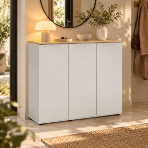 Vista ambientata Mobile Base Multiuso in legno 3 ante colore "cashmere laccato/rovere baysen" modello Stain Totò Piccinni